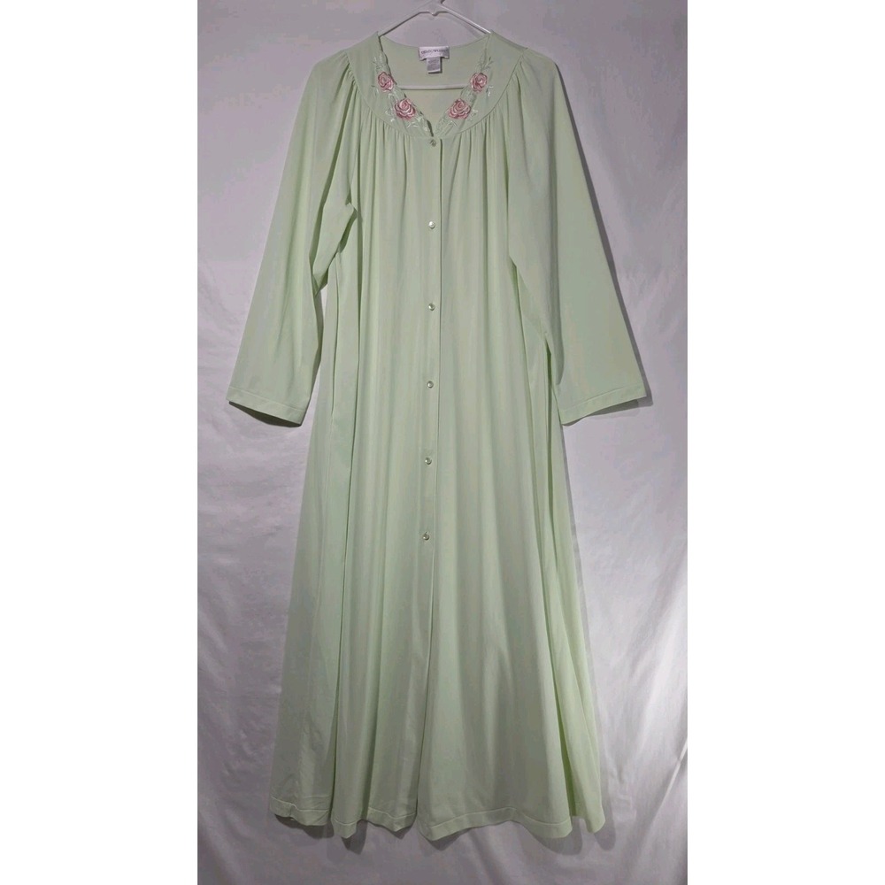 Shadowline Nightgown Women Large Mint Green Excellent Floral Embroidered Button